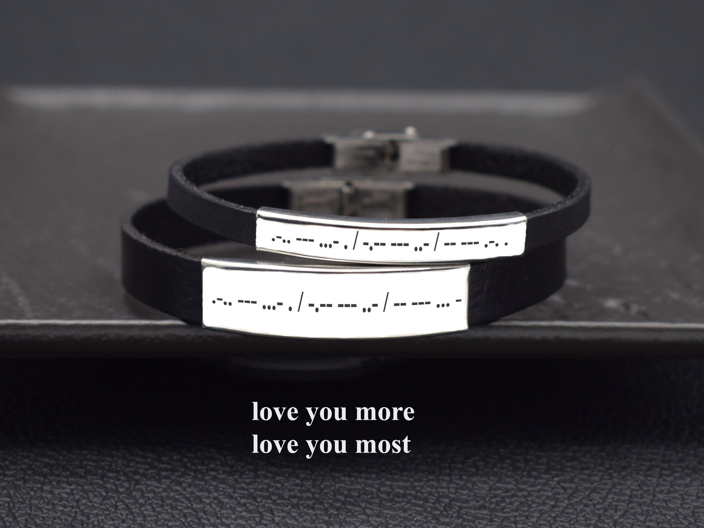 Couple Morse code bracelet leather personalized matching gift