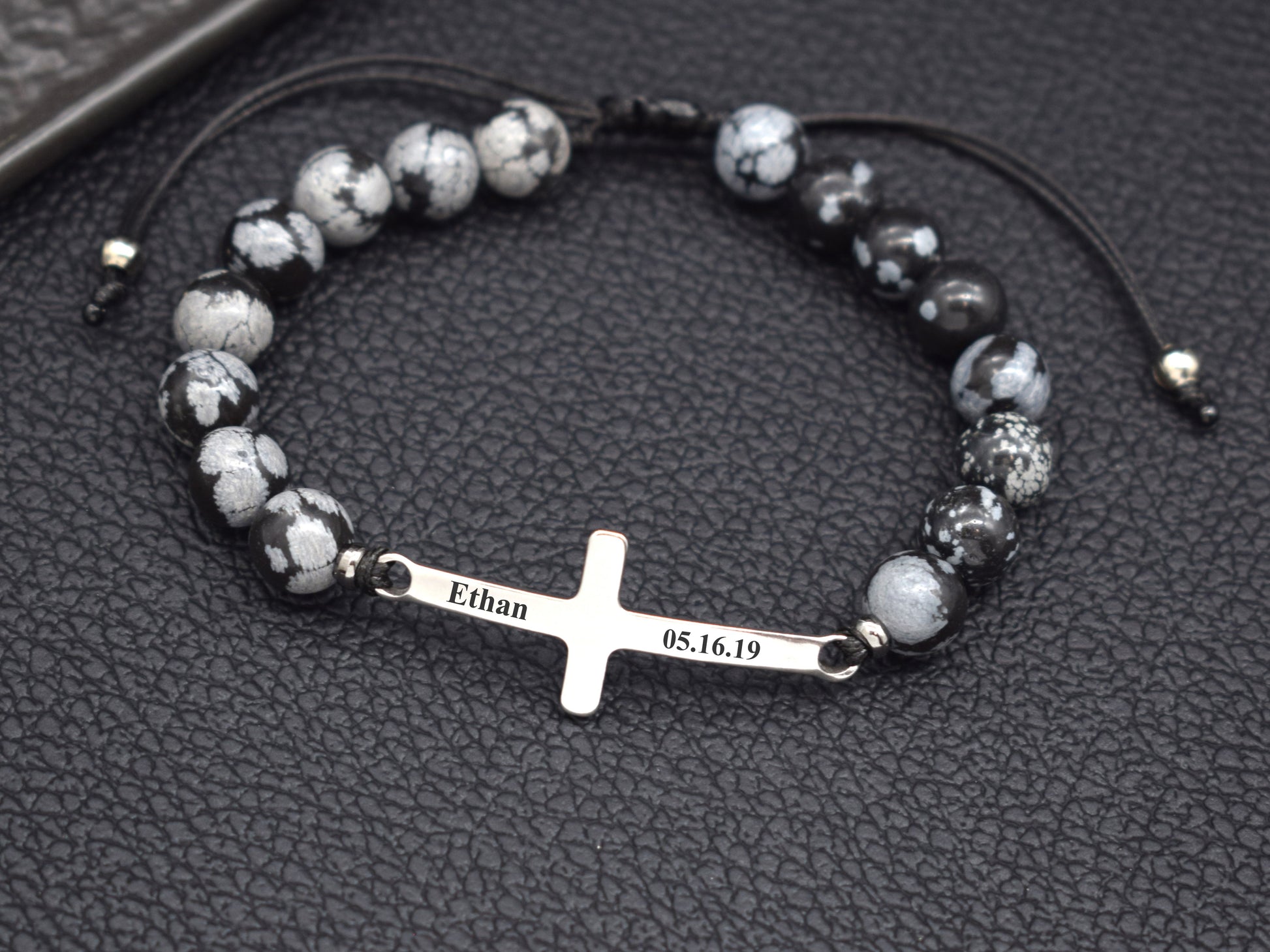 cross beaded bracelet with custom date and name