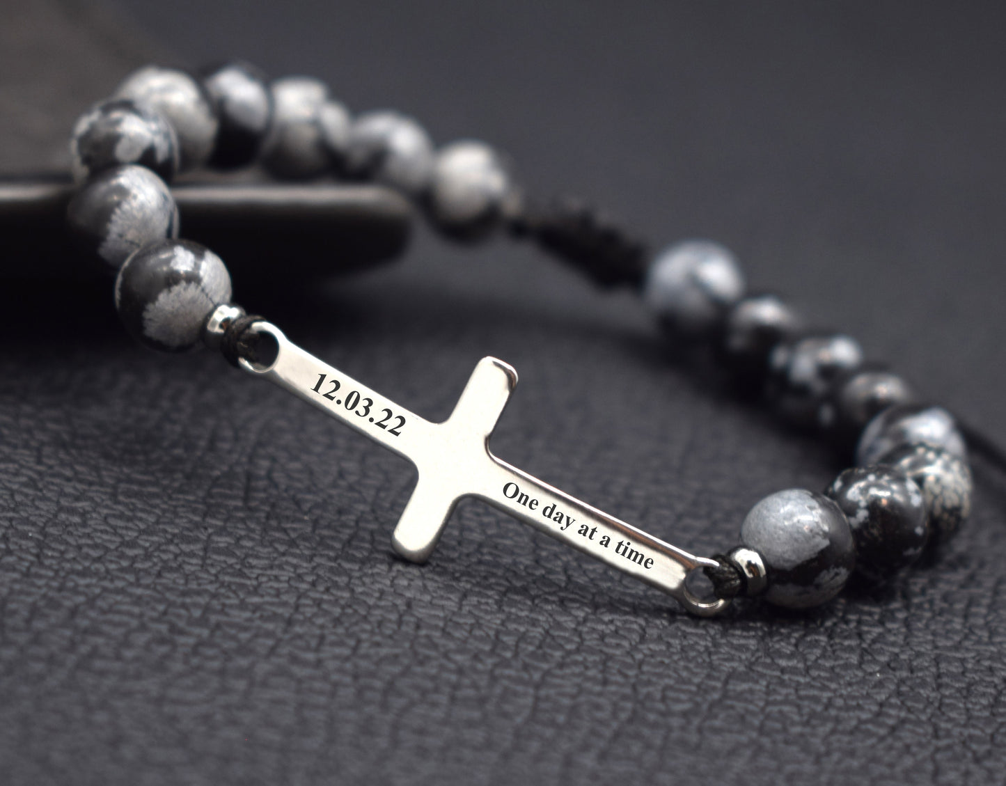 Mens bracelet cross custom baptism date initials name