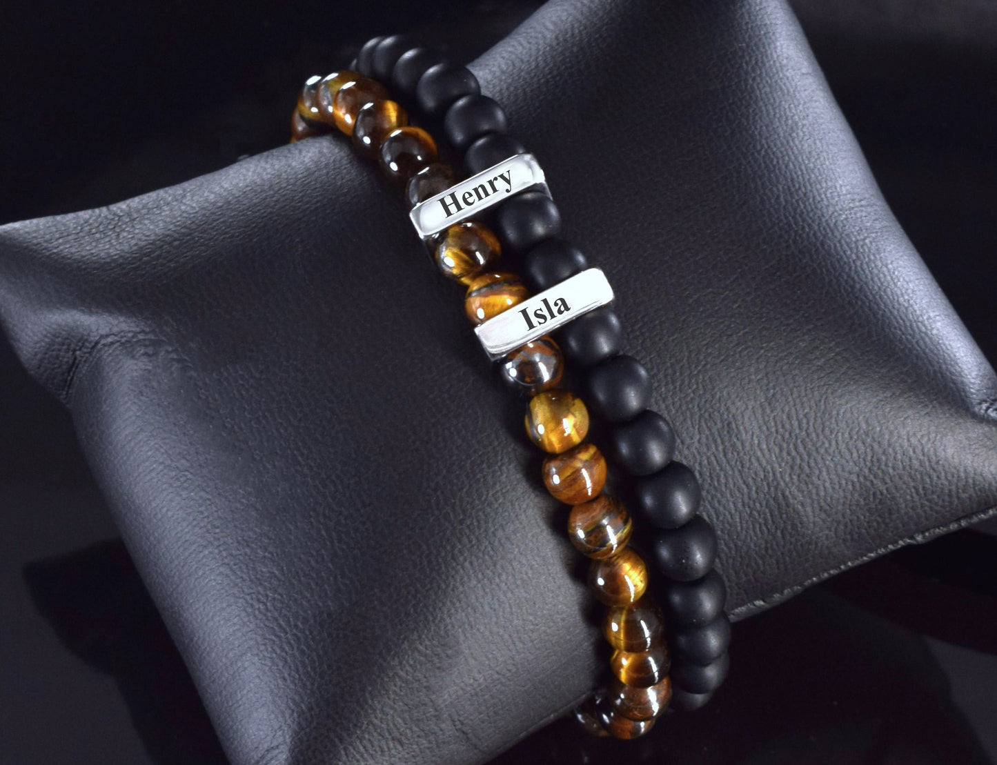 Custom name bracelet men anniversary gift for him tiger eye onyx beads