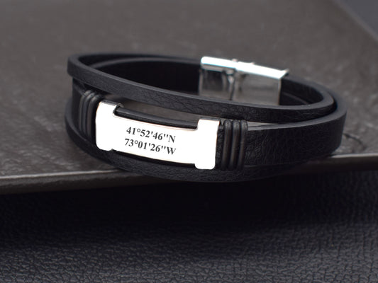 Leather bracelet with engraved coordinates GPS latitude longitude gifts