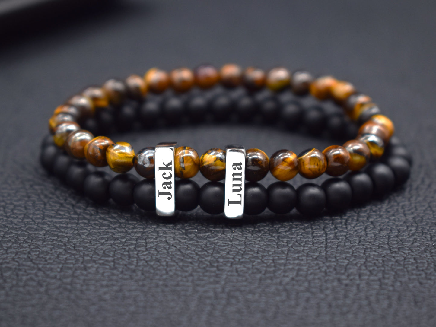 Custom name bracelet men anniversary gift for him tiger eye onyx beads