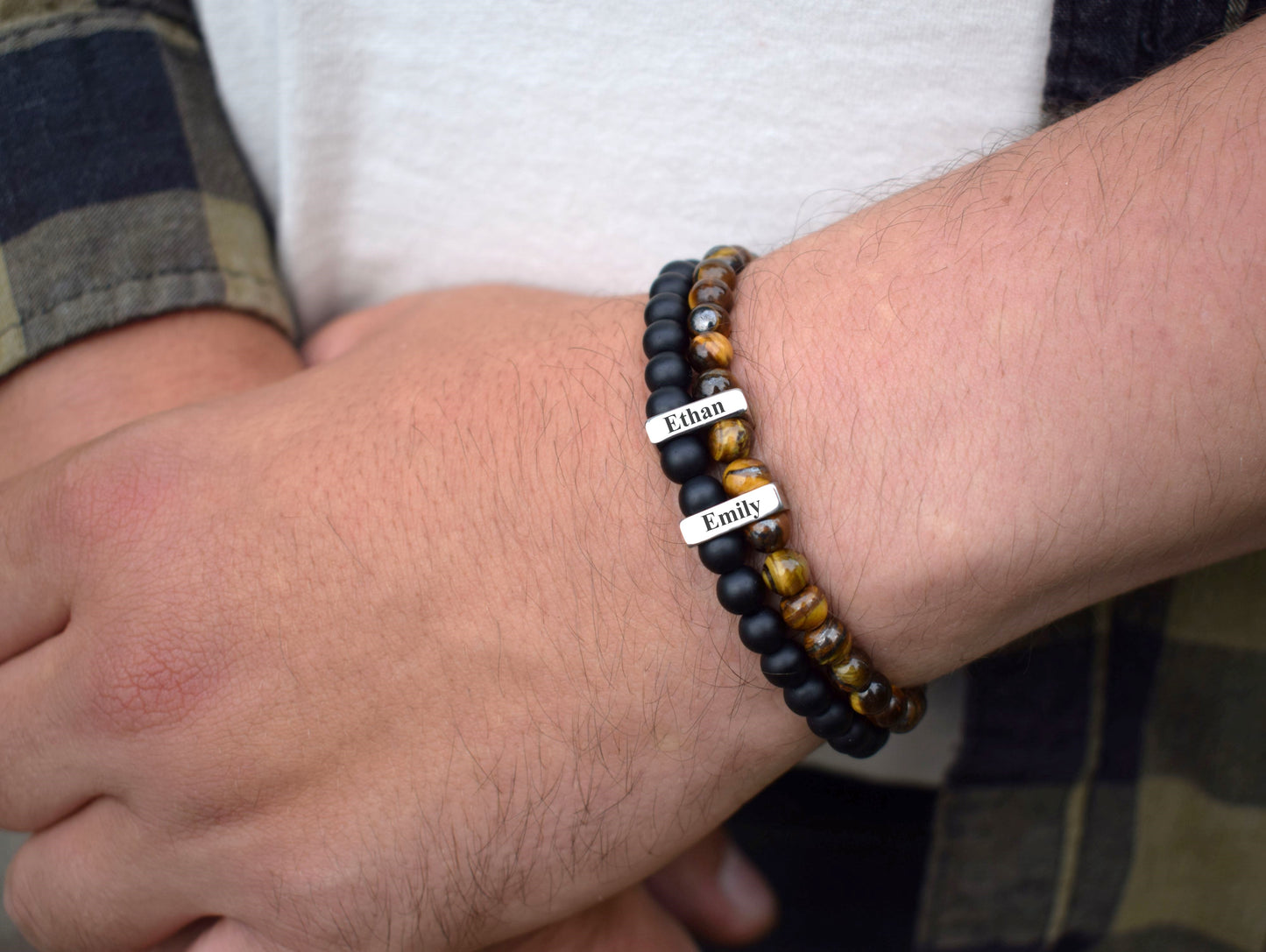 Custom name bracelet men anniversary gift for him tiger eye onyx beads