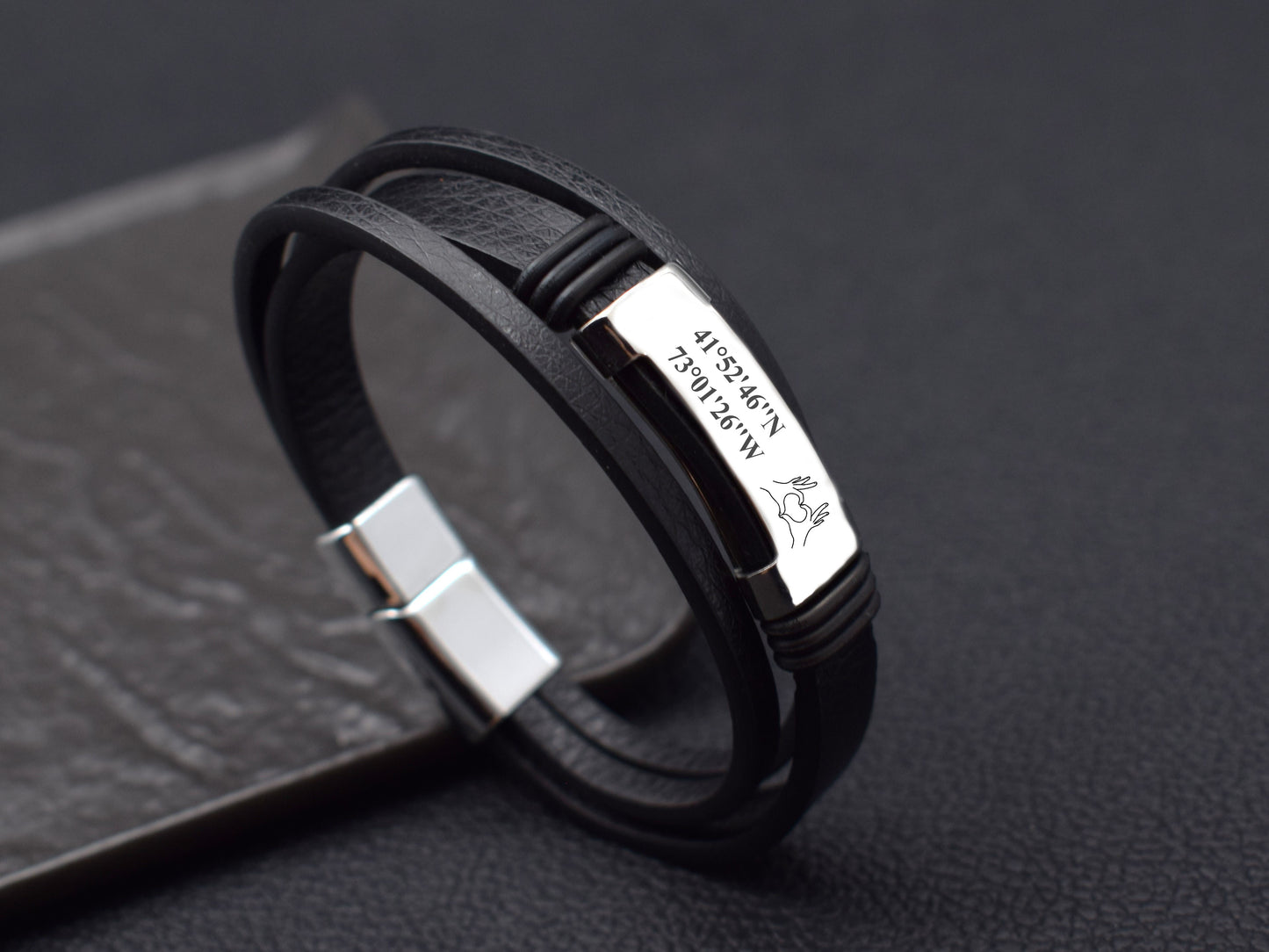 Leather bracelet with engraved coordinates GPS latitude longitude gifts