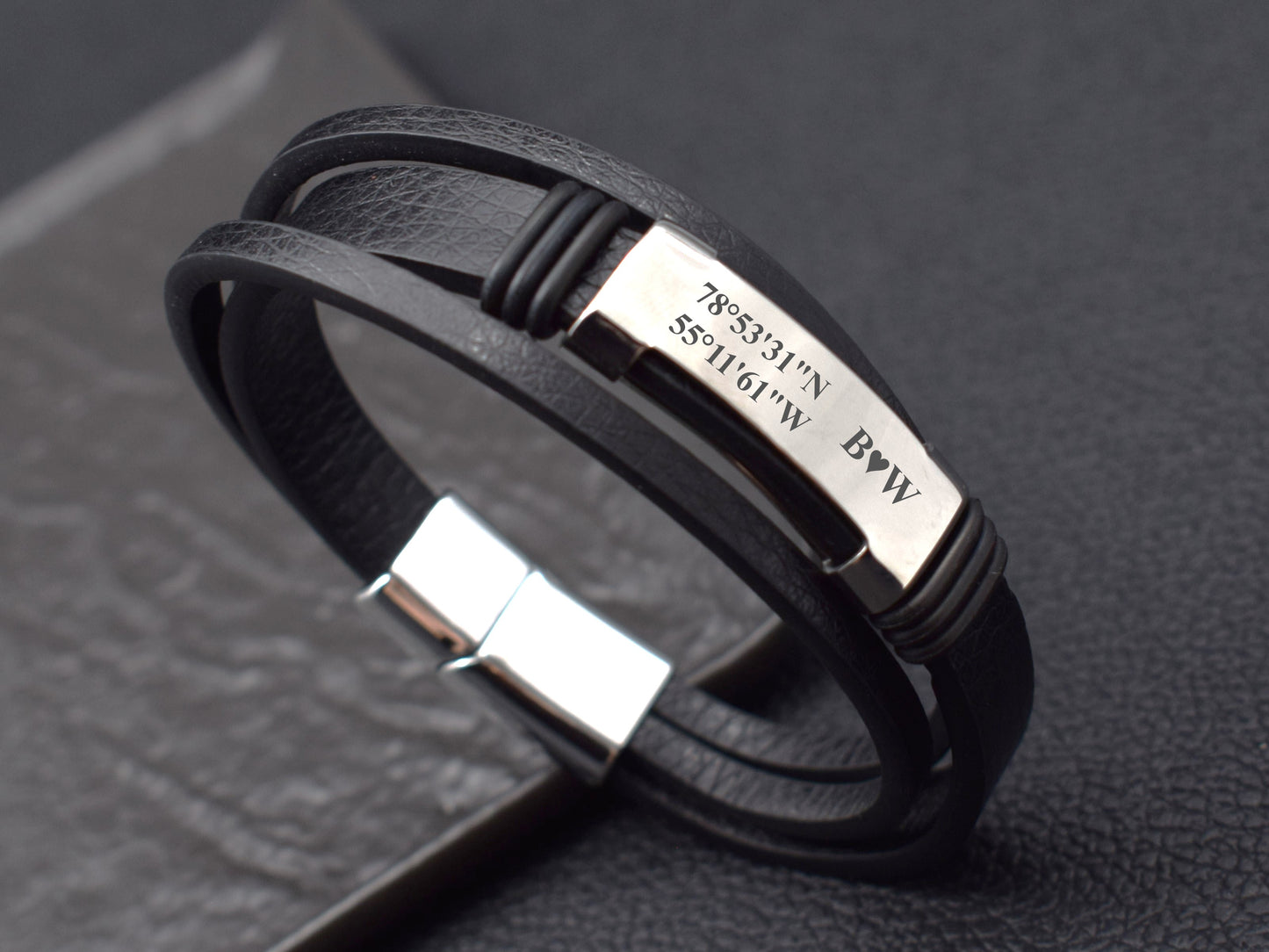 Leather bracelet with engraved coordinates GPS latitude longitude gifts