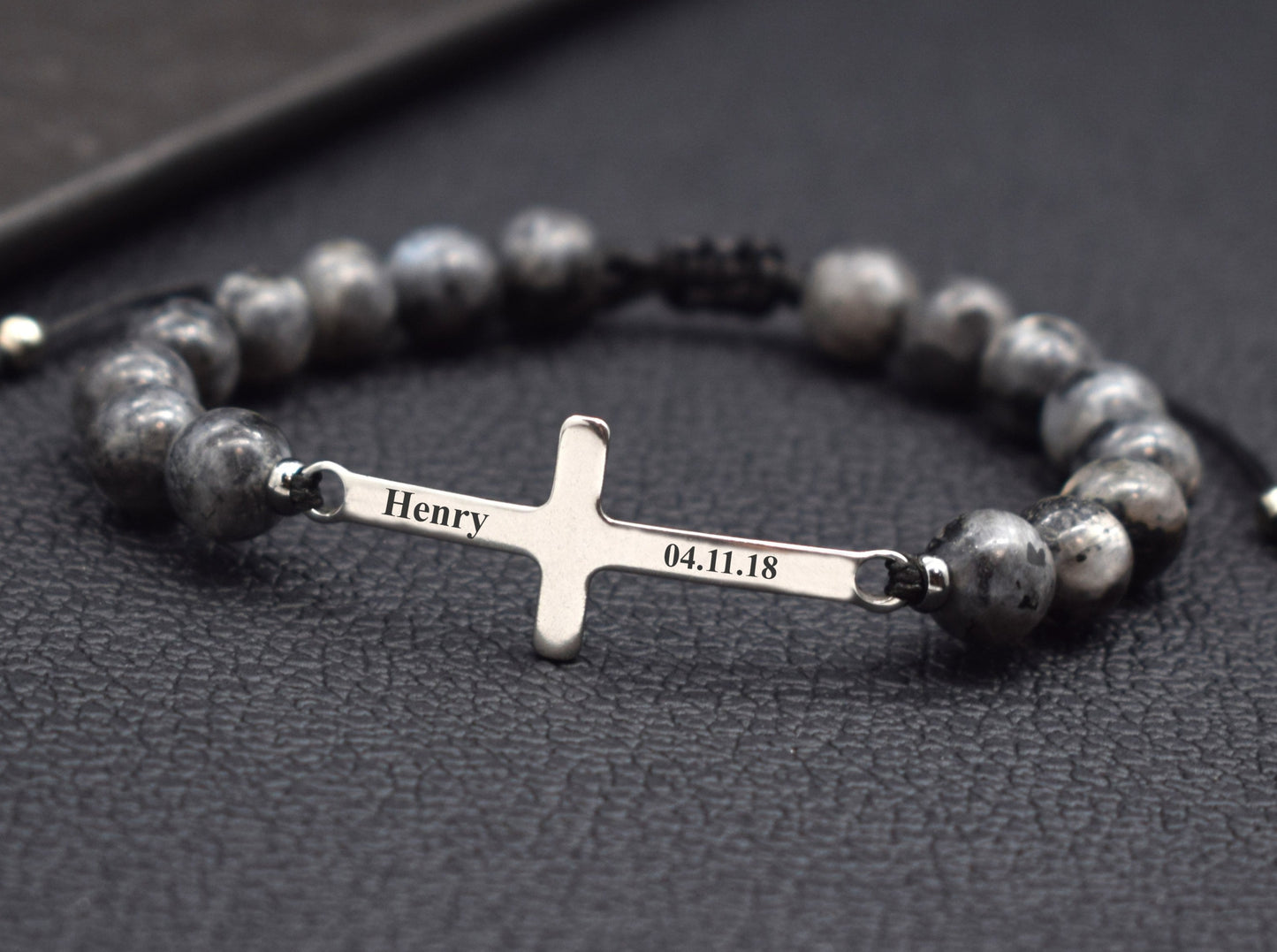 Mens bracelet cross with name date initials Boyfriend gift