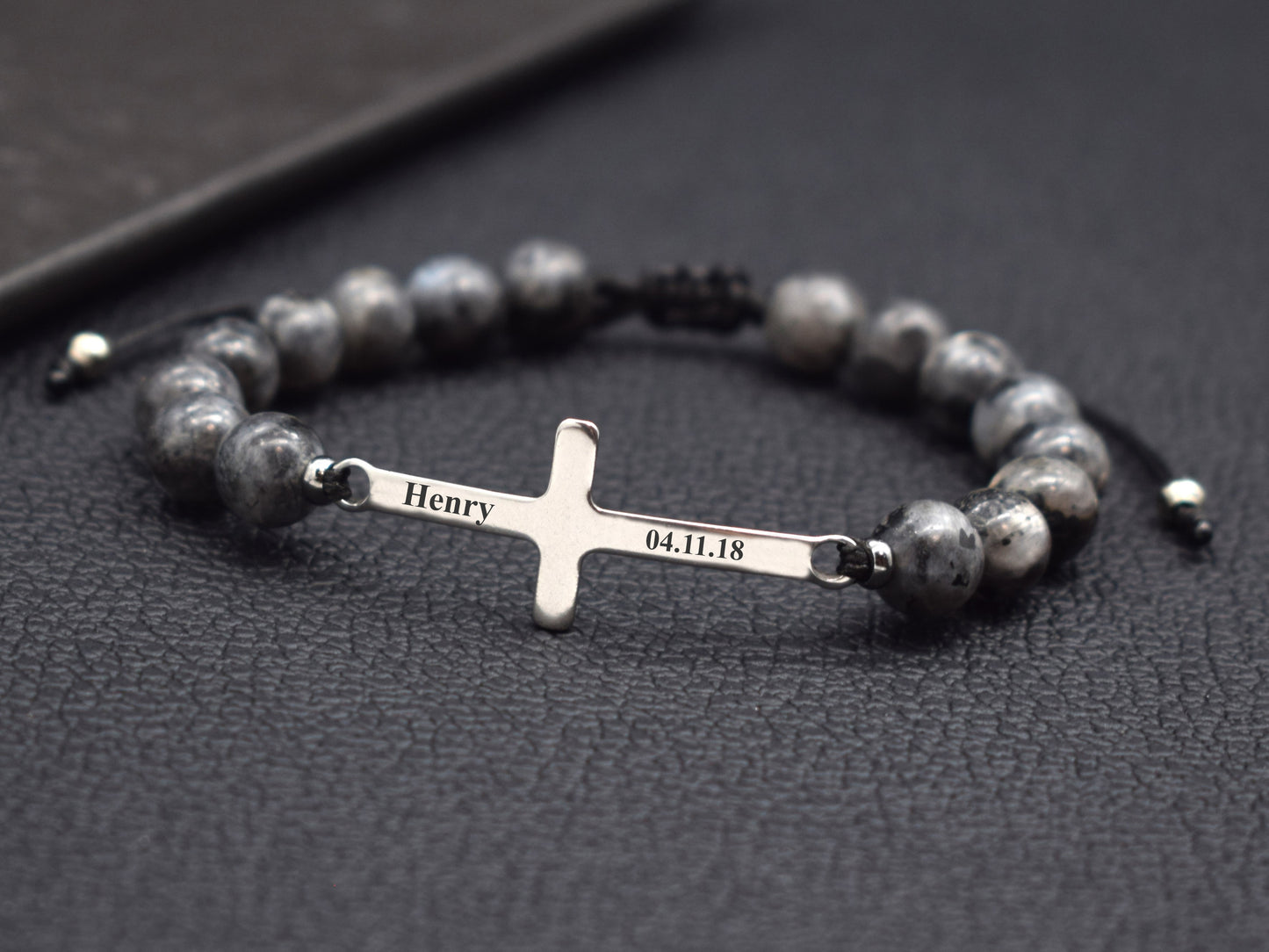 Mens bracelet cross custom baptism date initials name