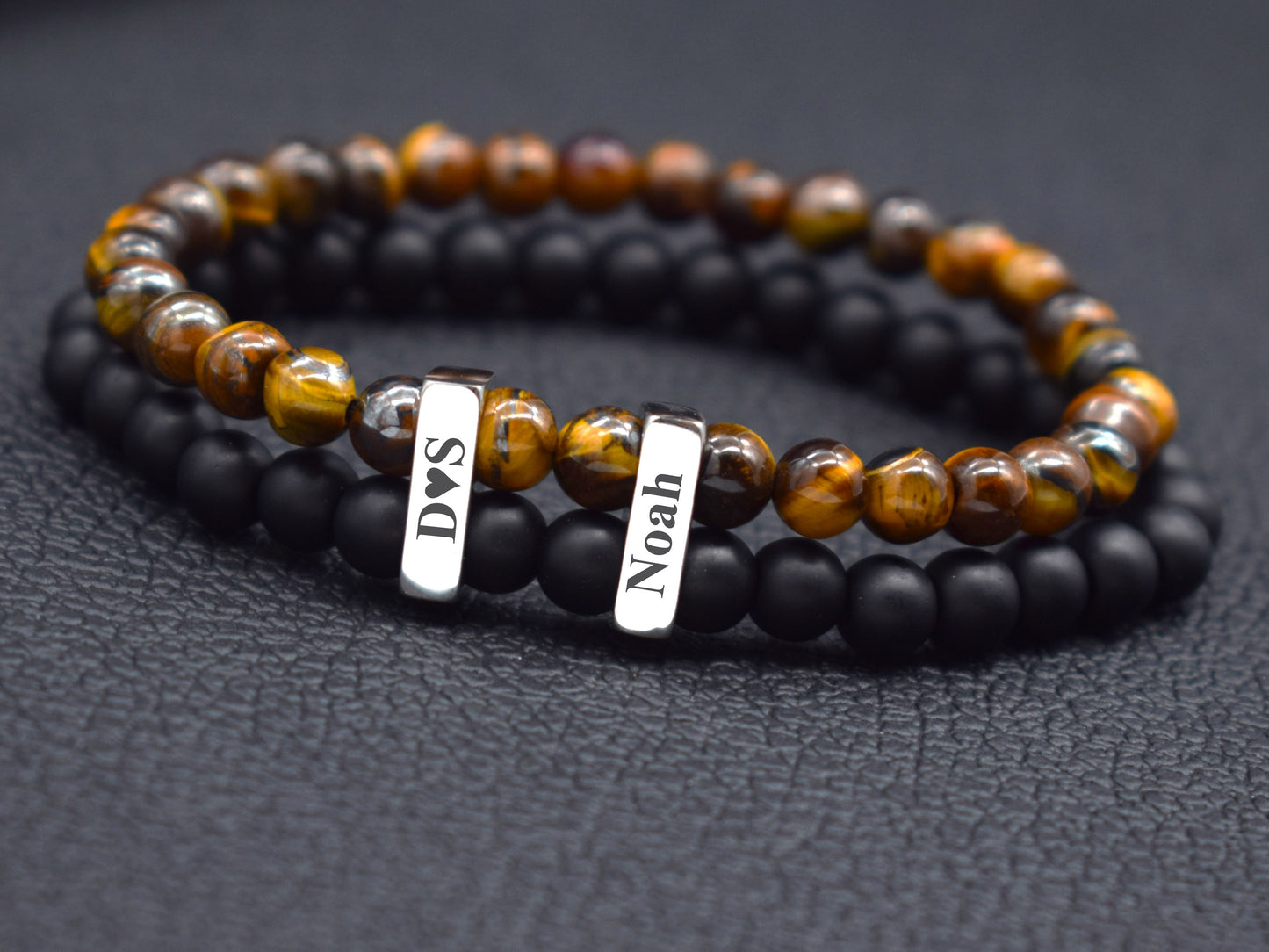 Custom name bracelet men anniversary gift for him tiger eye onyx beads