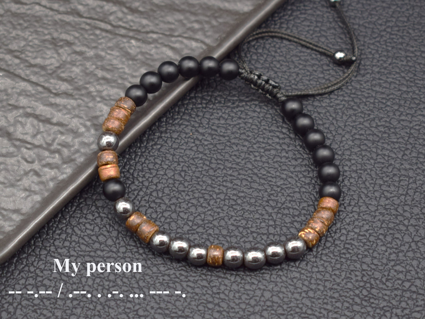 Morse code bracelet I Love You secret message gift wood hematite beads