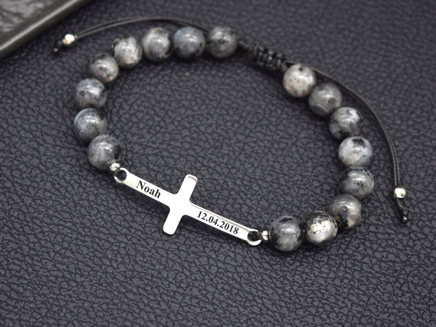 Mens bracelet cross with name date initials Boyfriend gift