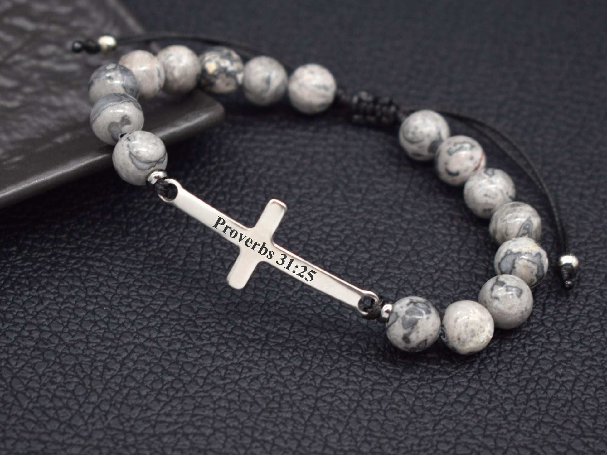 cross bracelet with bible verse Proverbs 31:25