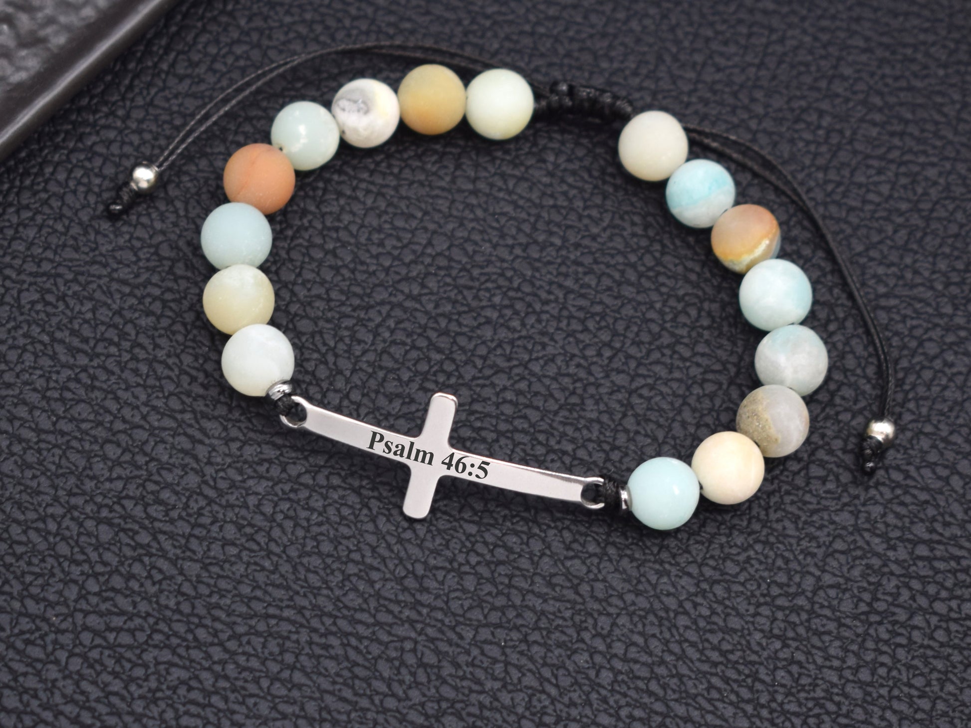 Amazonite bead cross bracelet with bible verse Psalm 46:5