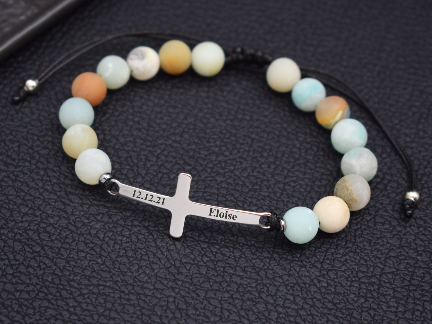 Mens bracelet cross with name date initials Boyfriend gift