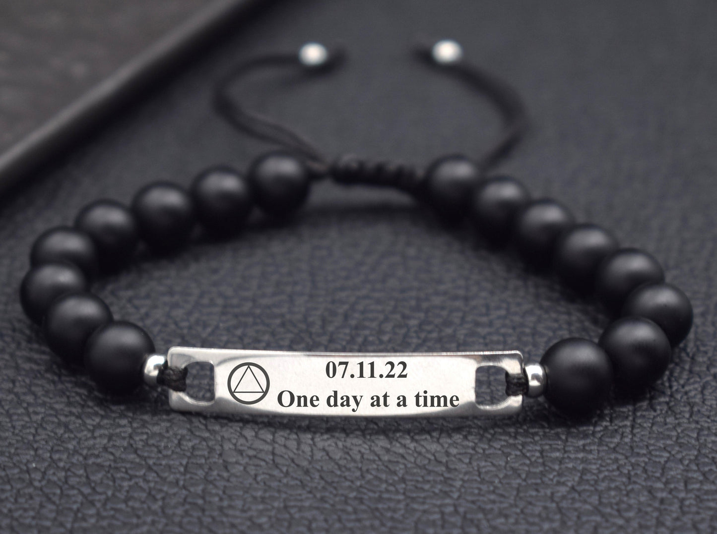 sober bracelet with AA symbol and sobriety date