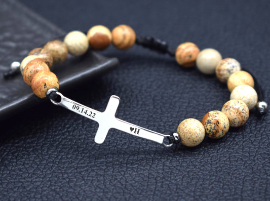 Jasper bead bracelet with cross