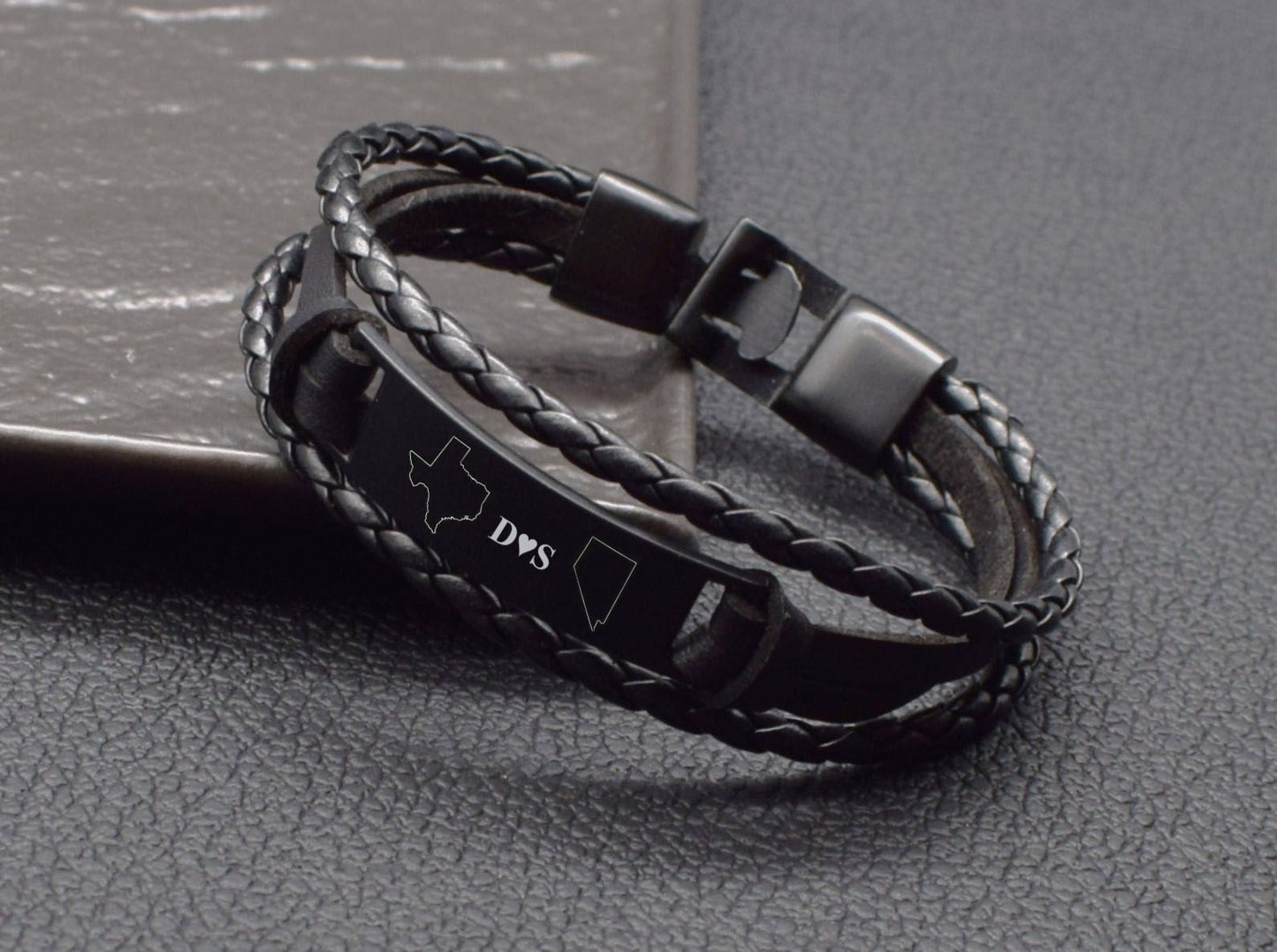 Long distance relationship gifts leather state bracelet with initials