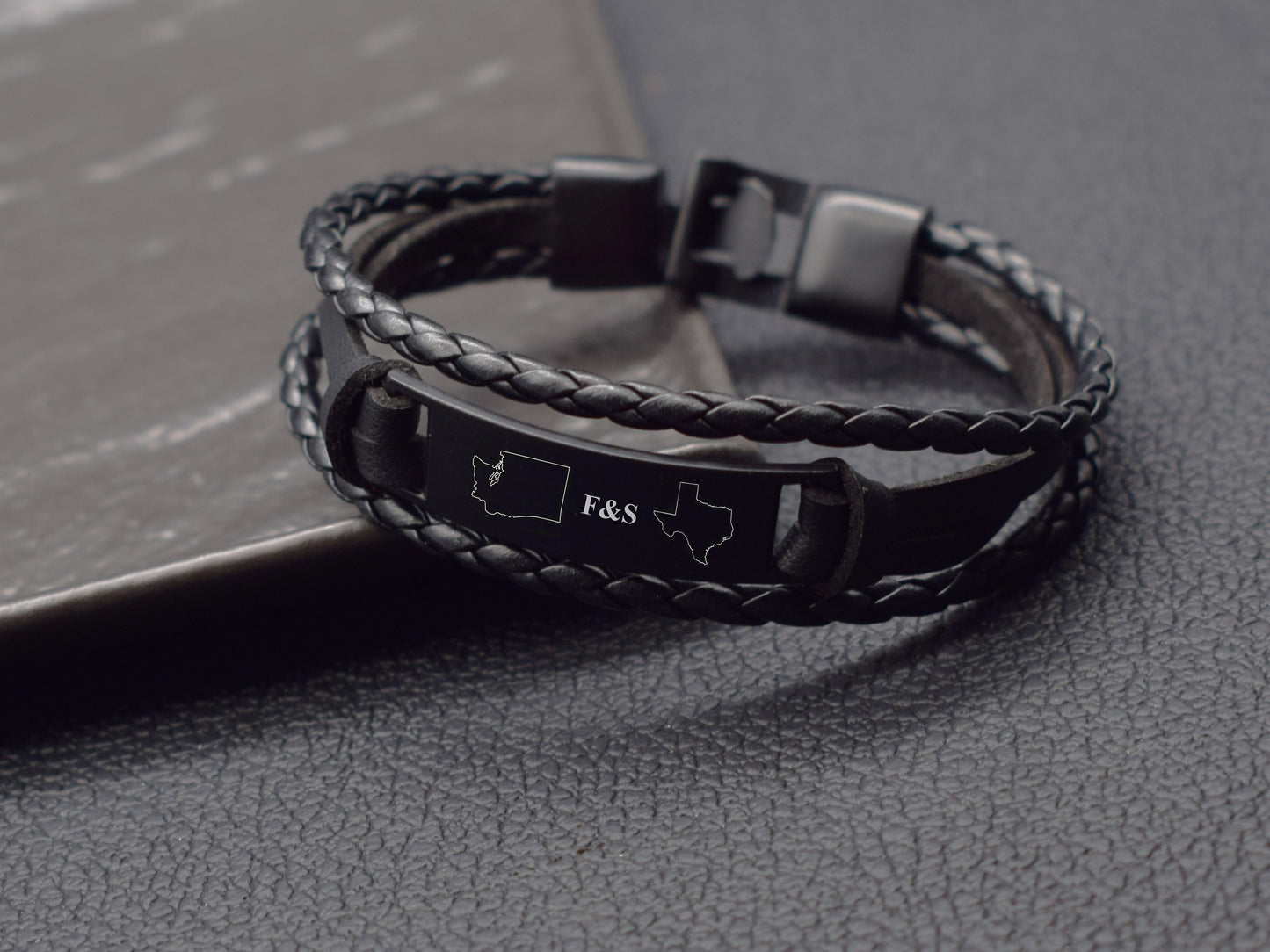 Long distance relationship gifts leather state bracelet with initials