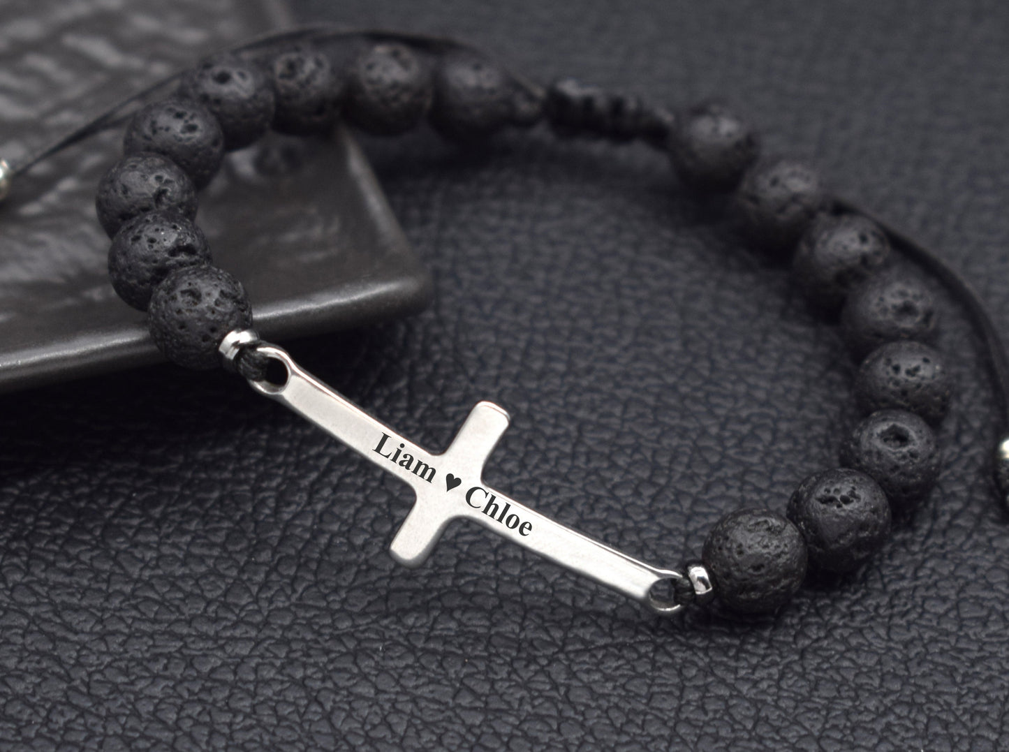 Lava bead cross bracelet with personalized names