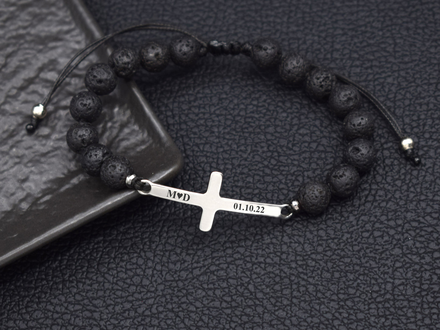 Lava bracelet with cross and custom initials date