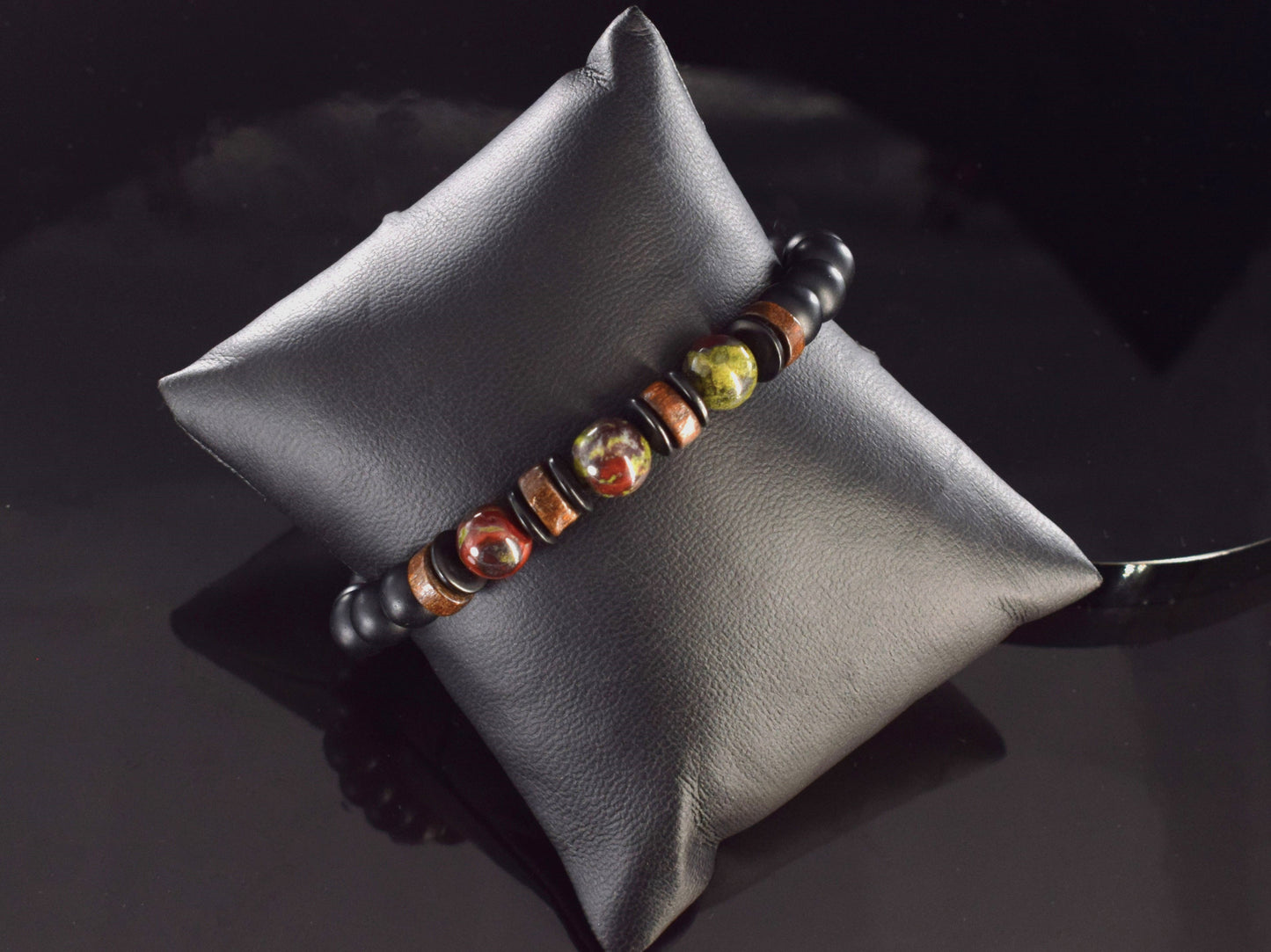 Handmade onyx bracelet with jasper beads and sandal wood beads