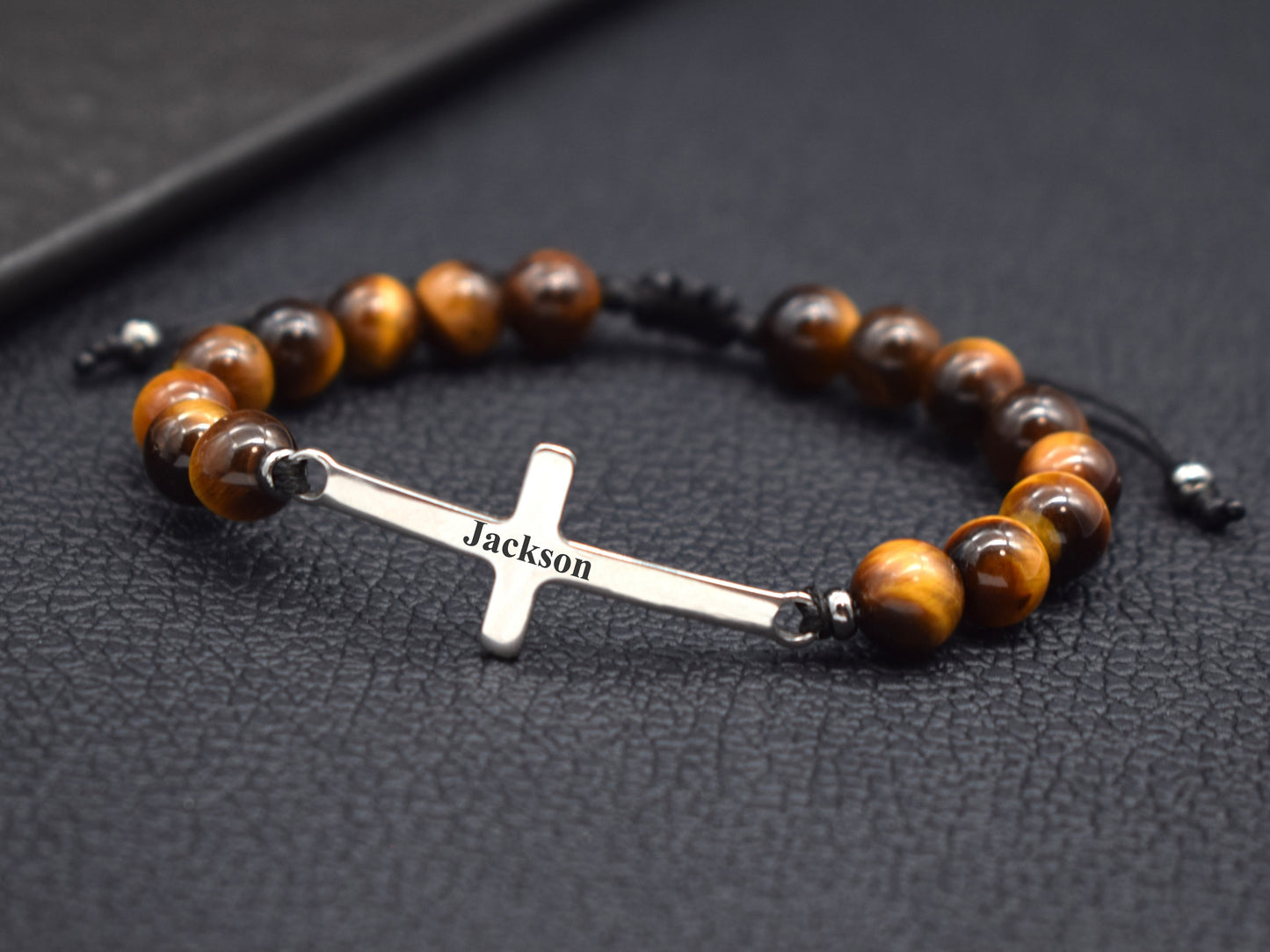 Tiger's eye cross bracelet with name