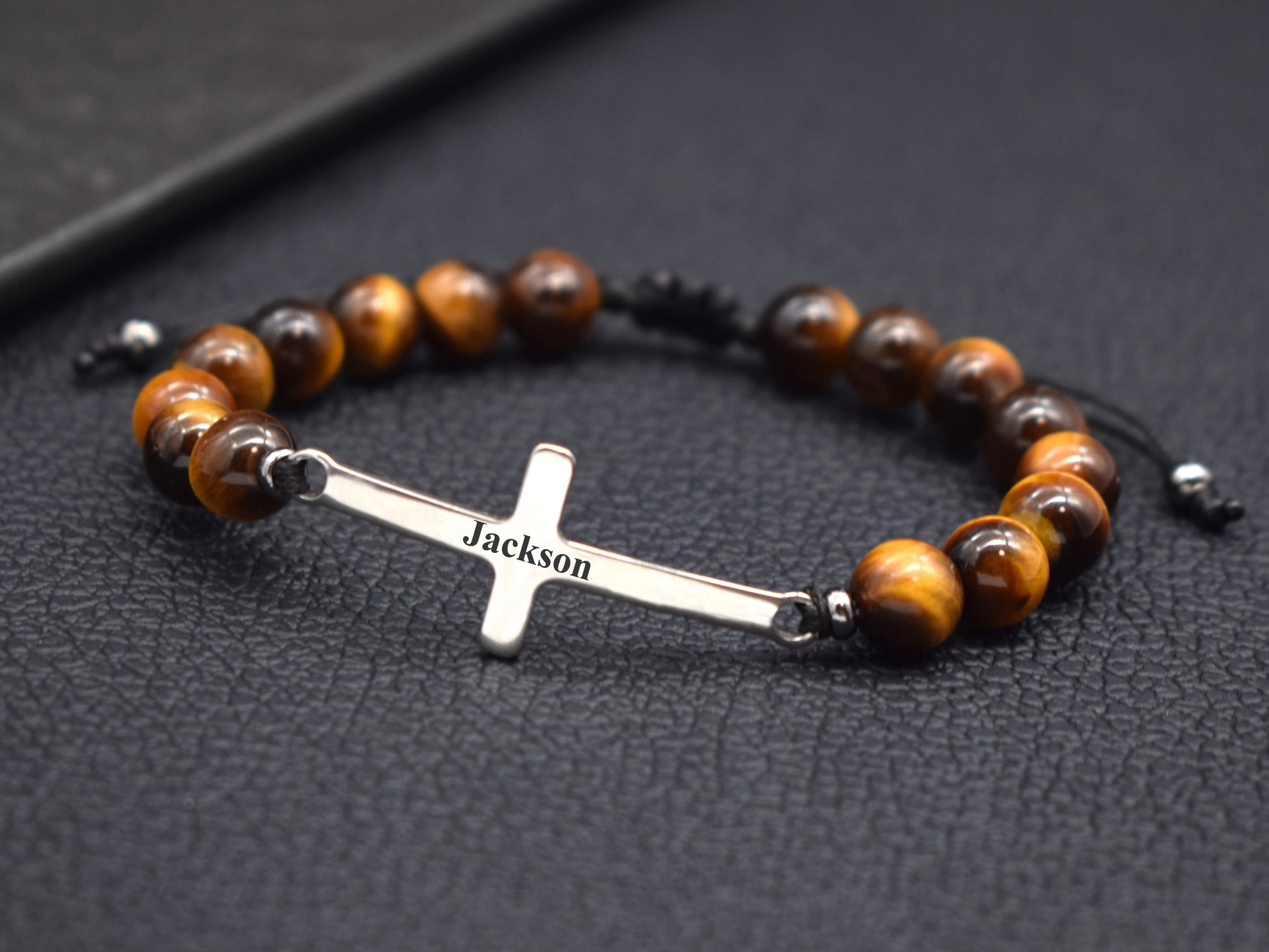 Tiger's eye cross bracelet with name