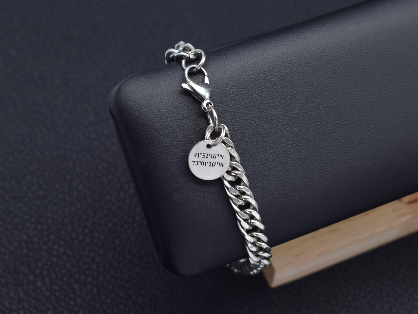 link chain bracelet with engraved coordinates