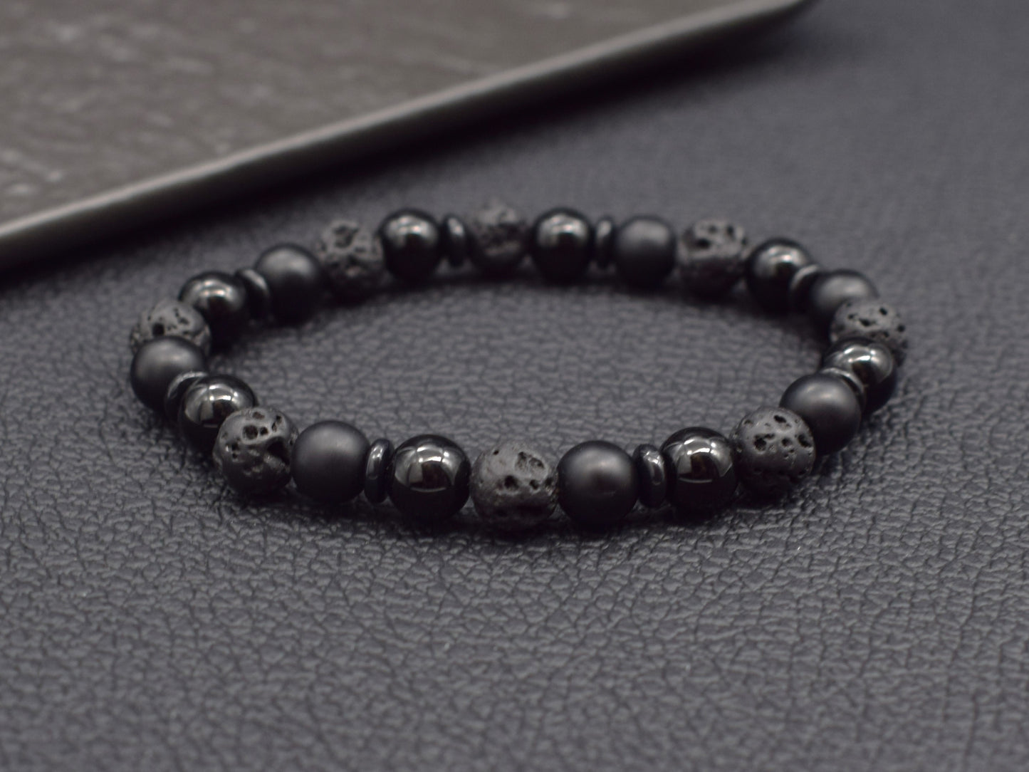 Lava stone and onyx beads bracelet black mens accessories