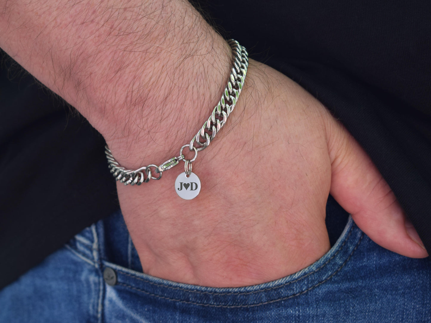 Mens chain bracelet with heart and initials