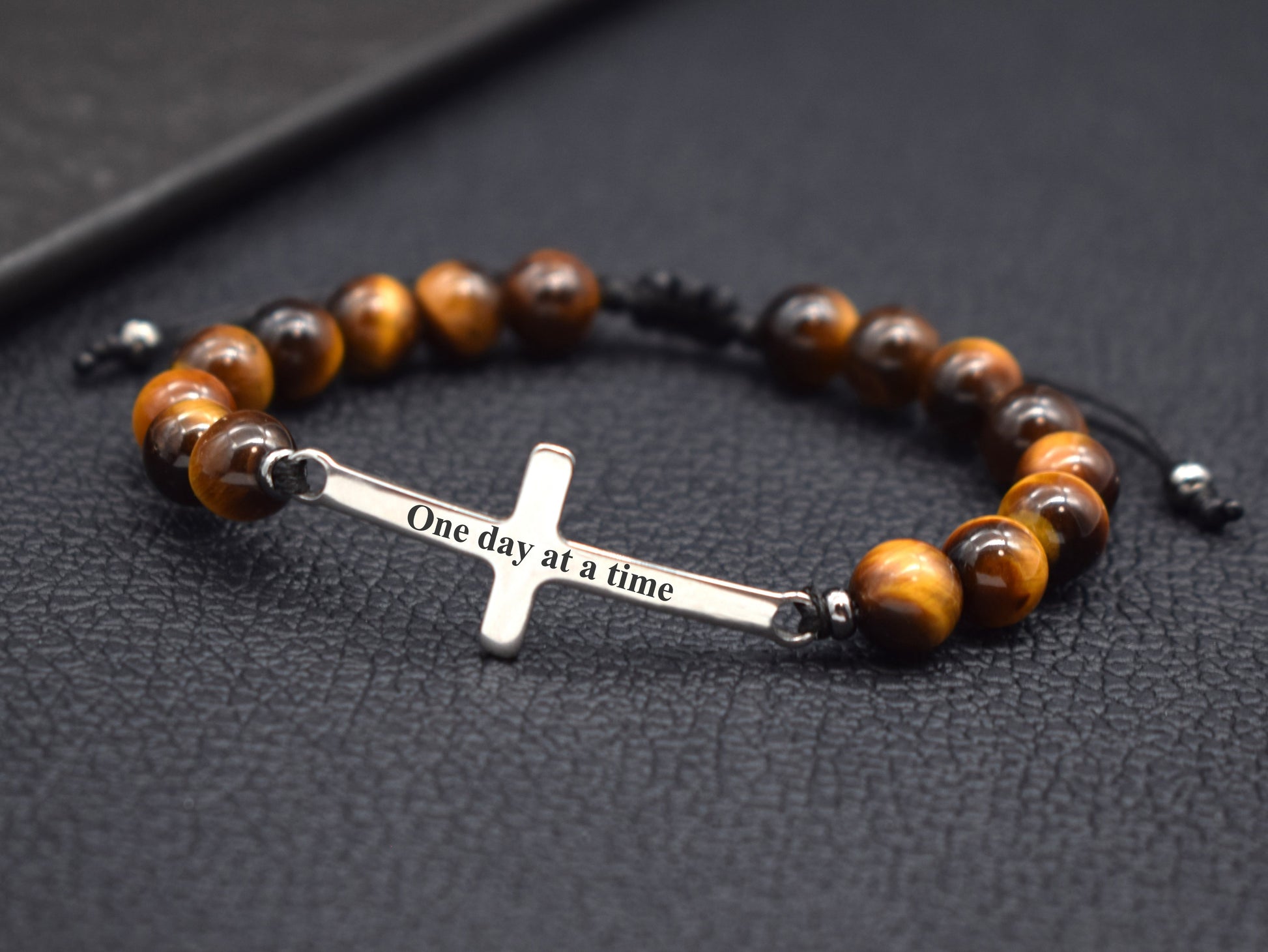 cross bracelet with quote - one day at a time