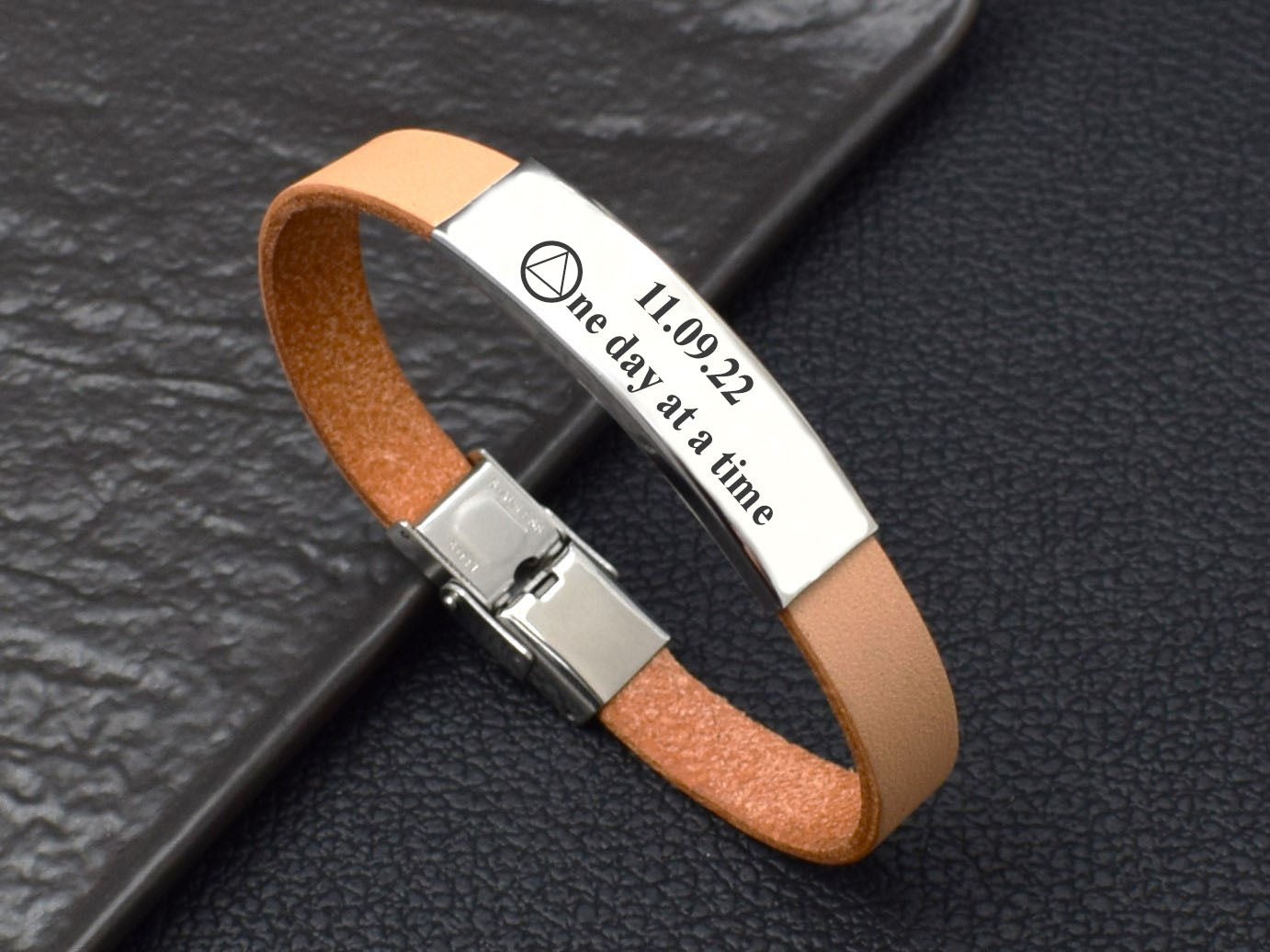 Leather bracelet personalized soberiety anniversary Sober AF One Day At A Time