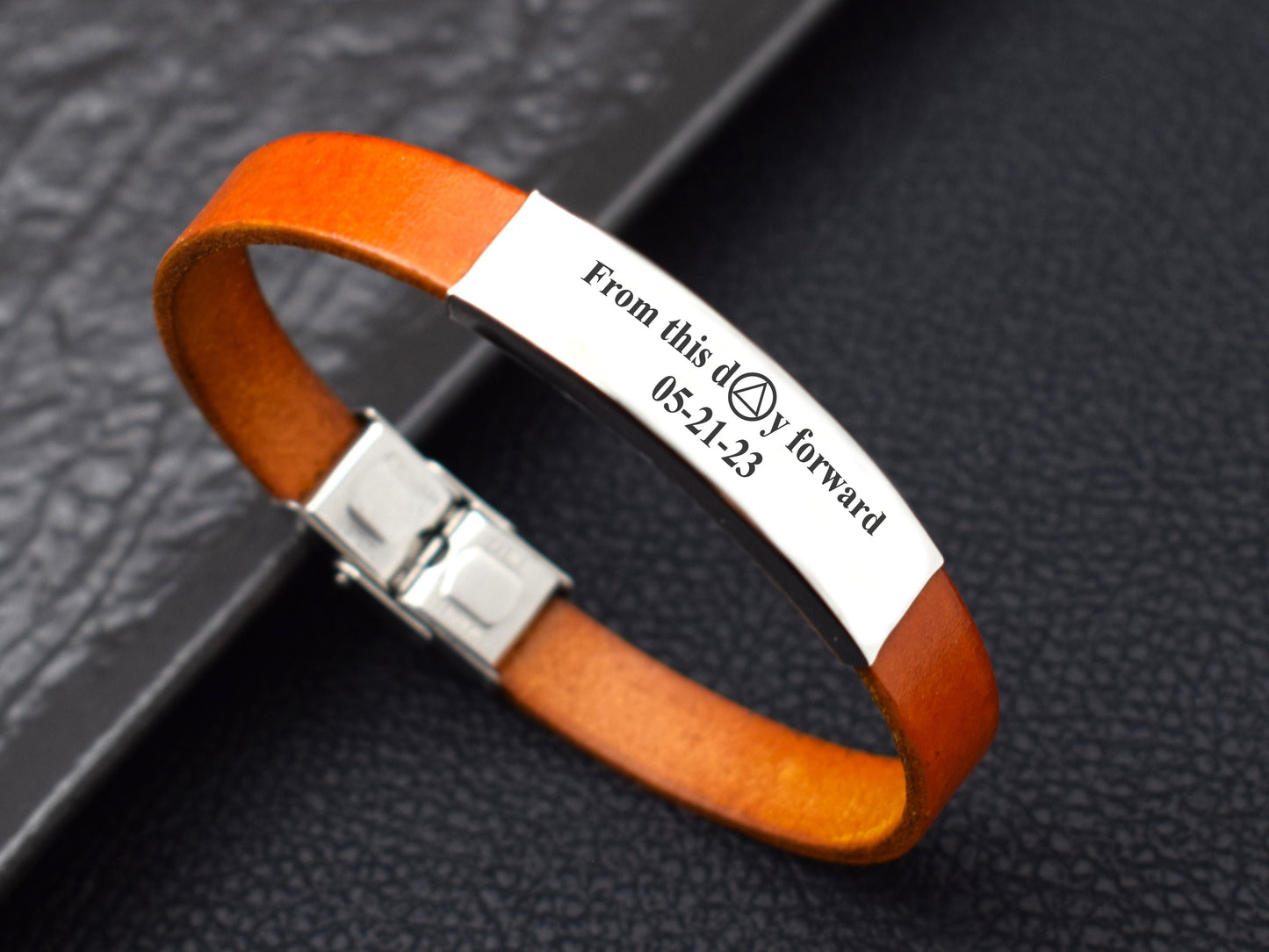 Leather bracelet personalized soberiety anniversary Sober AF One Day At A Time