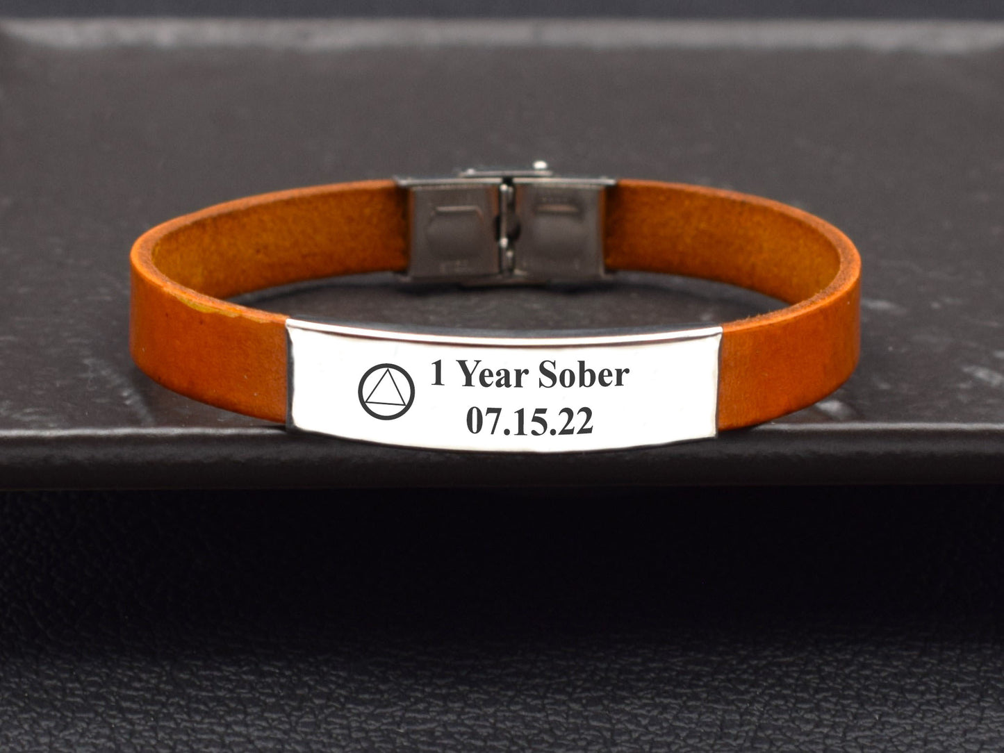 Leather bracelet sobriety gift men women AA 12 step recovery jewelry