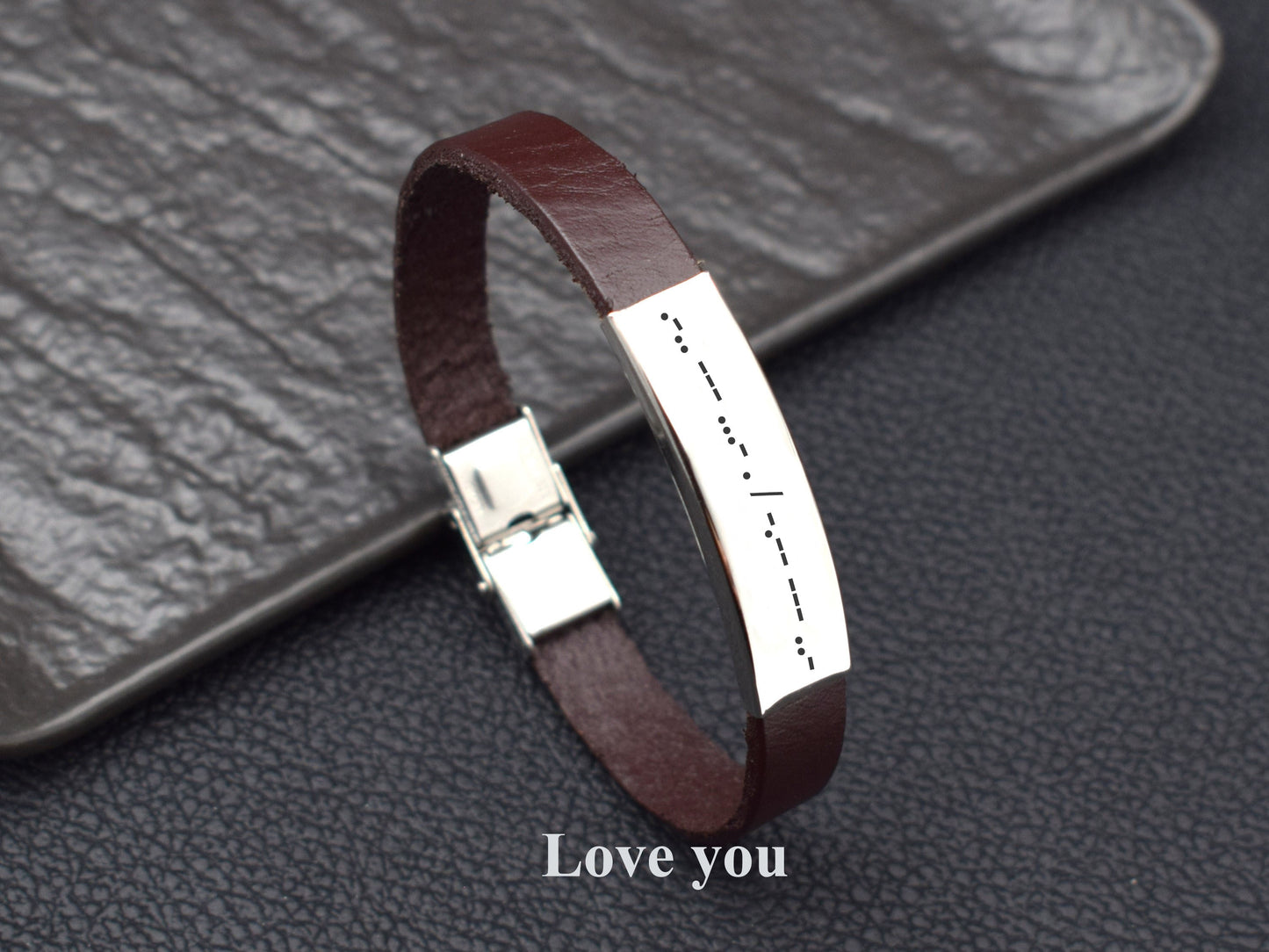 Custom initials date name leather Morse code bracelet for men him her