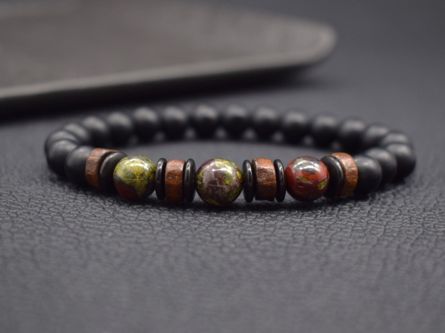 Handmade onyx bracelet with jasper beads and sandal wood beads