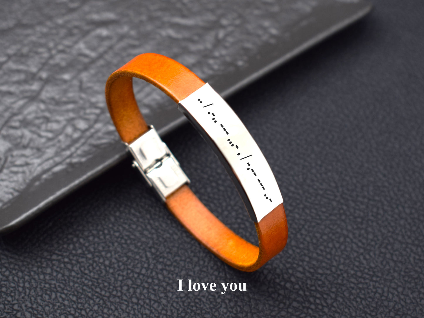 Custom initials date name leather Morse code bracelet for men him her