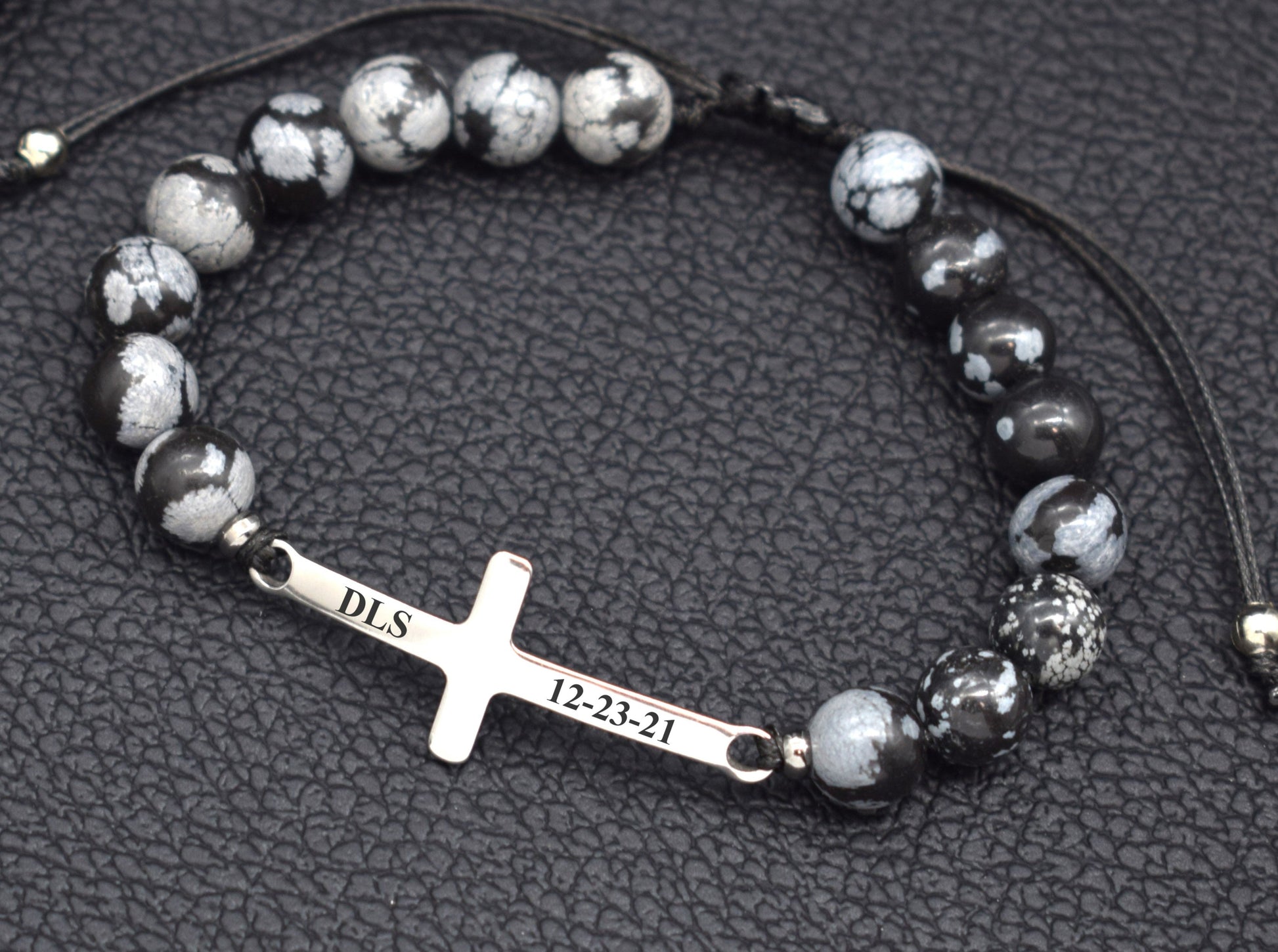 men cross bracelet with baptism date