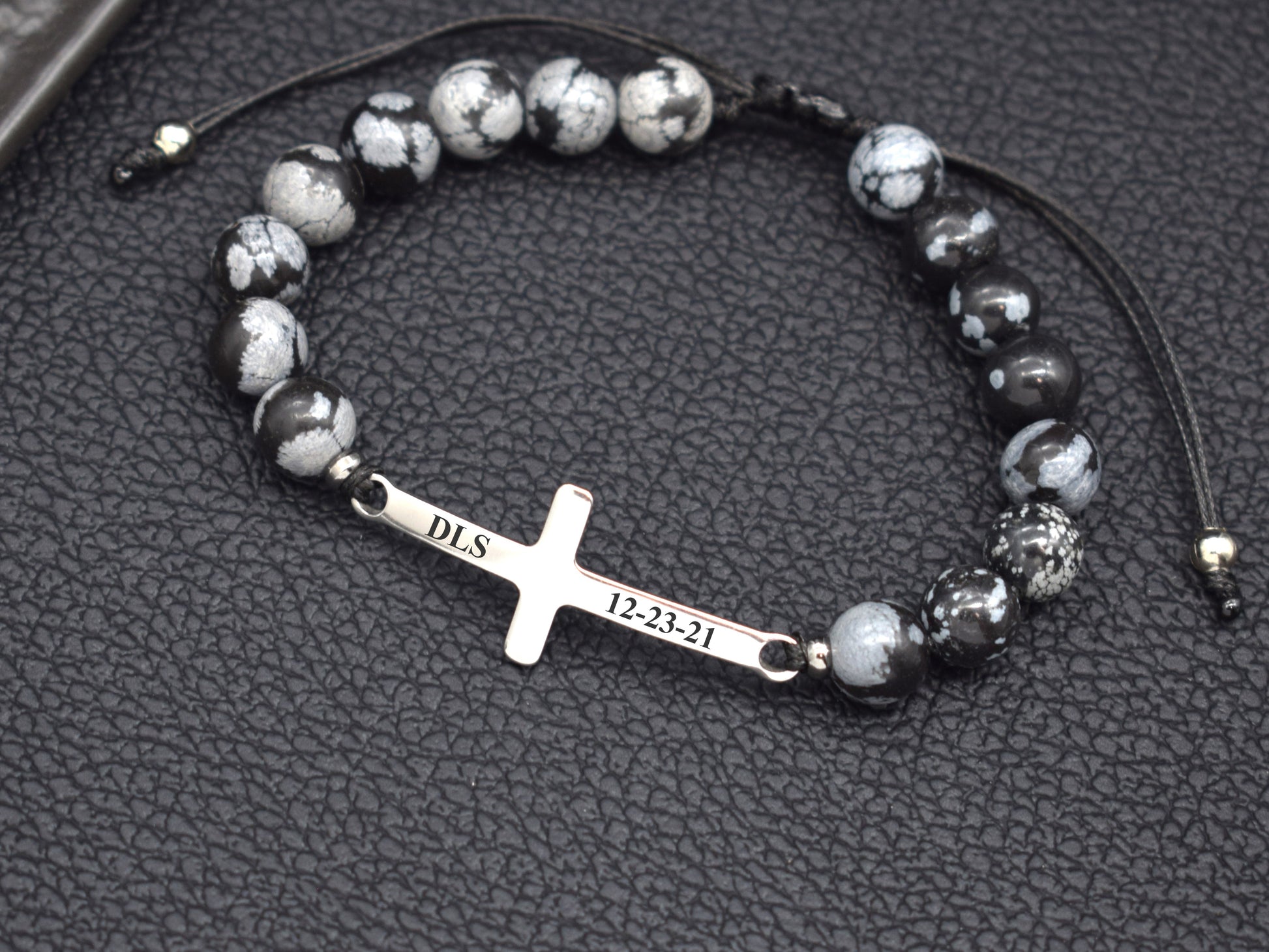 cross bracelet with persionalise initials and date