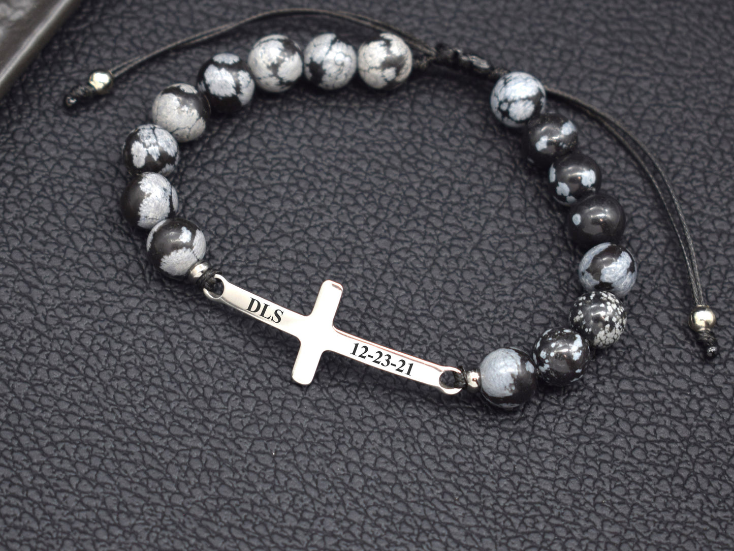 Mens bracelet cross with name date initials Boyfriend gift