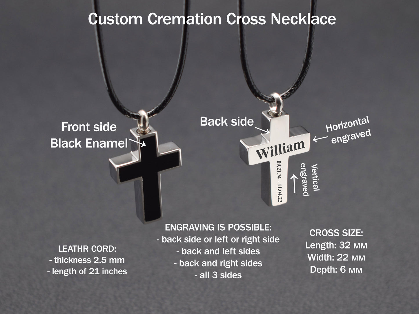 Custom mens urn necklace Cremation cross jewelry with ashes In memory of