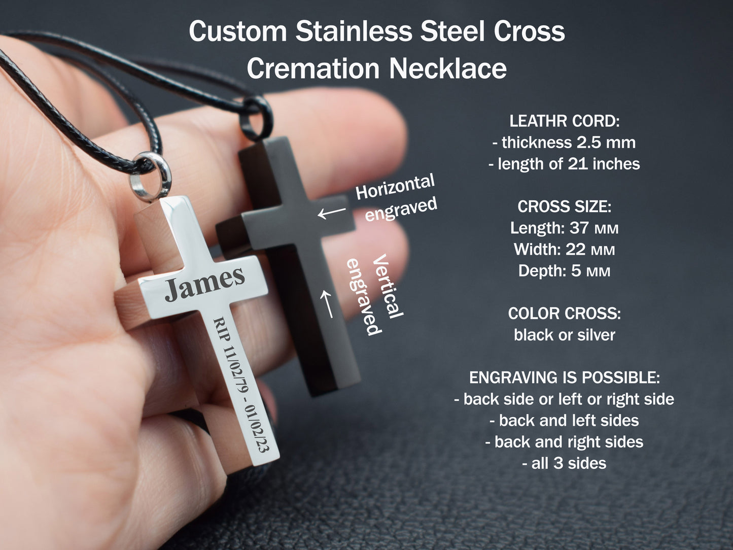 Cremation jewelry for ashes Black cross urn necklace Memorial gift for loss of loved one